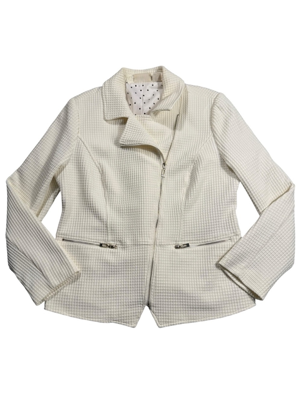 Chico's Size 1 Medium Off White Gold Waffle-Texture Stretch Zip Blazer